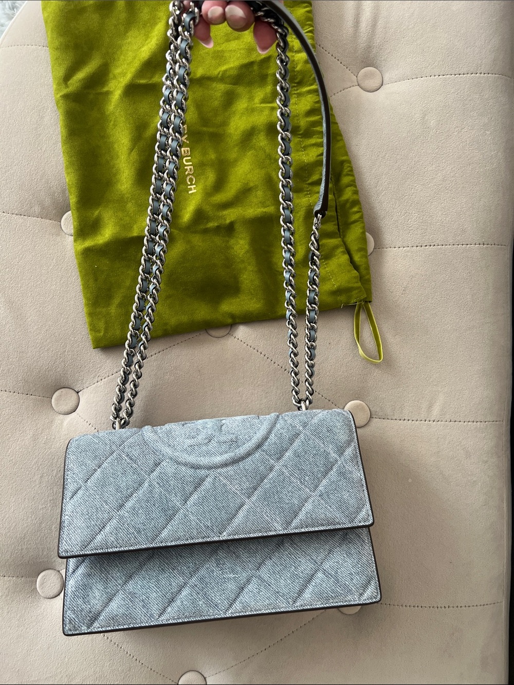 Tory Burch Fleming Denim in Medium Denim Wash with Silver Chain Strap